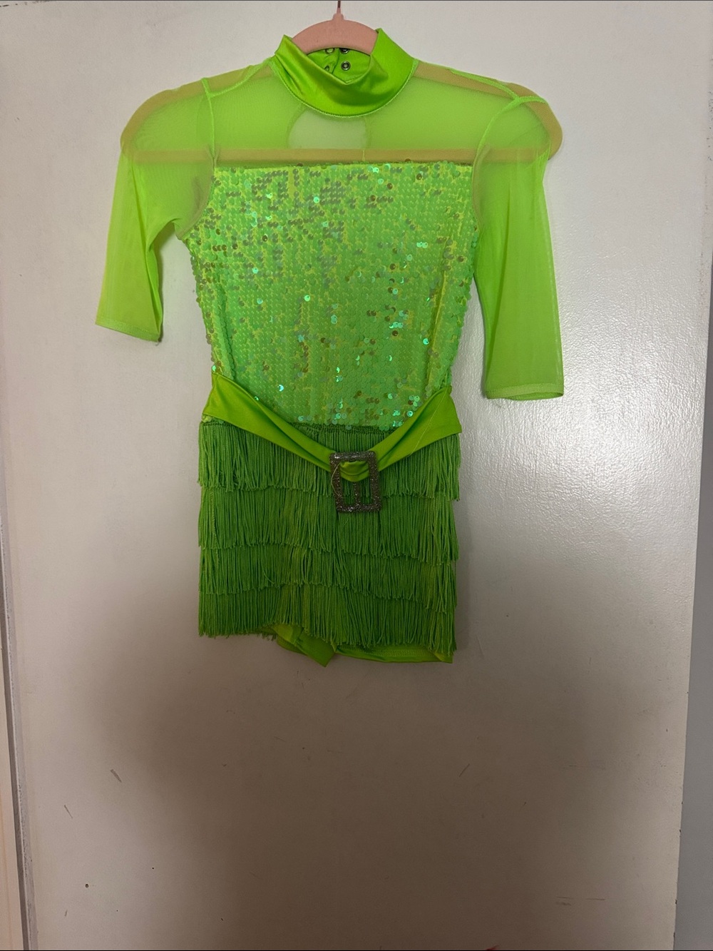 Weissman Neon Green Sequin Fringe Dance Costume
